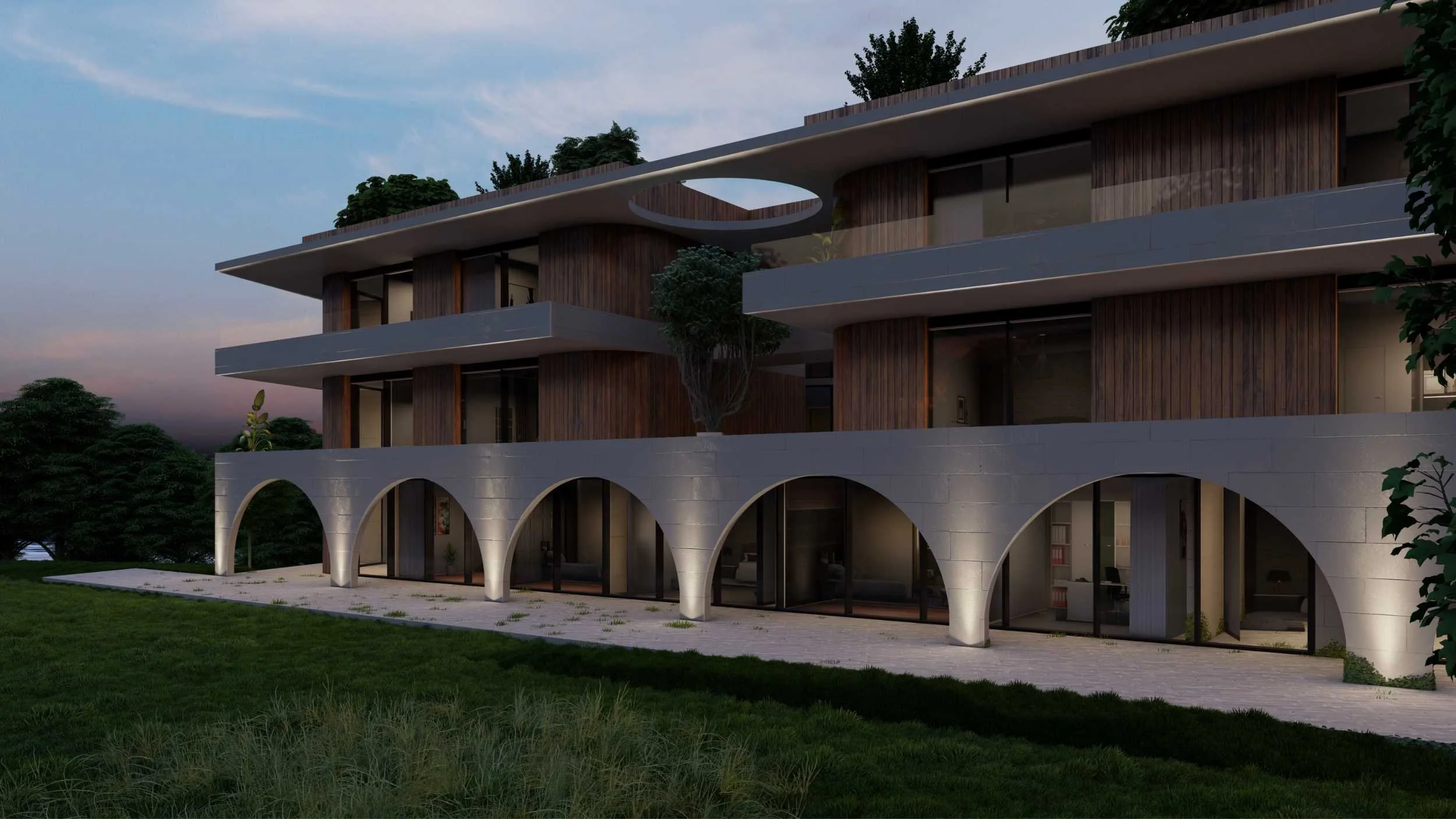 arquitectura, edificio, curvas, contemporáneo, diseño, exterior